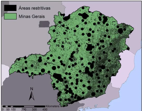 Figura  6:  Áreas  restritivas  para  a  instalação  de  usinas  bioenergéticas  de  biomassa  florestal em Minas Gerais