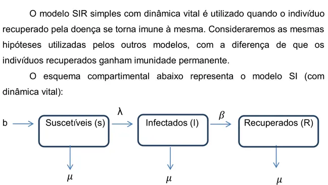 Figura 4.3.  Esquema com compartimentos de uma epidemia (modelo SIR) com dinâmica  vital 