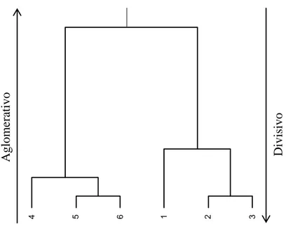 Figura 1. Dendrograma com abordagem hierárquica: aglomerativa e divisiva 