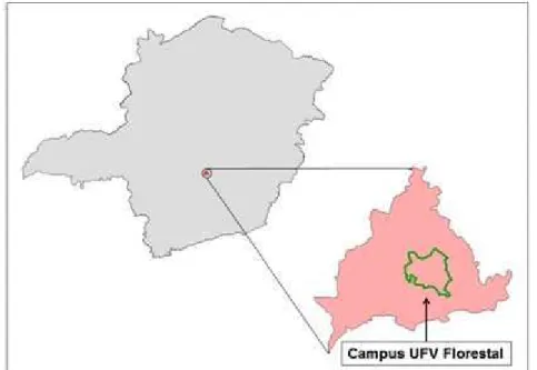 Figura  1.  Região  da  área  de  estudo  no  Campus  UFV-Florestal  no  município  de  Florestal, estado de Minas Gerais