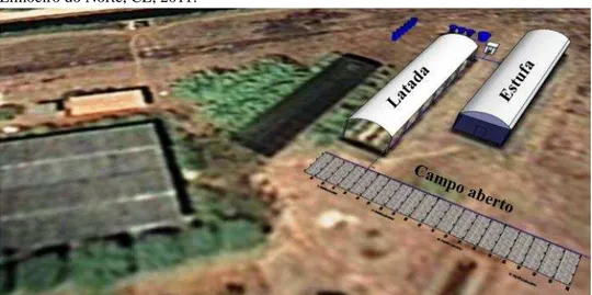 Figura  1  –   Vista  aérea  da  base  física  da  UEPE    com  destaque  da  área  experimental,  Limoeiro do Norte, CE, 2011
