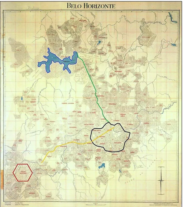 FIGURA 4 - Mapa do Município de Belo Horizonte no ano de 1953. Observa-se o direcionamento da  expansão urbana para o eixo norte com a Avenida Antônio Carlos (verde), Lagoa da Pampulha (azul)  e para o eixo oeste através da Av