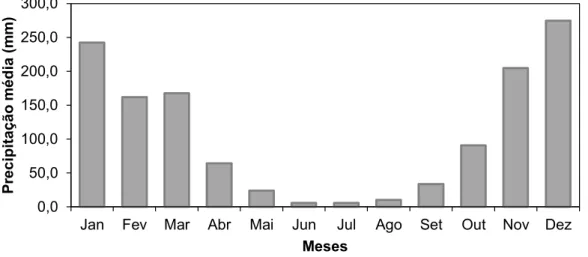Figura  11  -  Precipitação  média  mensal  para  a  bacia  do  Paracatu  obtida  por  Polígonos  de  Thiessen,  de  dados  de  28  estações  pluviométricas,  considerando-se o período de 1974 a 2004