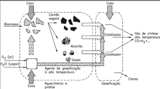 Figura 1 - Etapas principais da Gaseificação. Fonte: (CORTEZ, GOMEZ e LORA, 2008) 