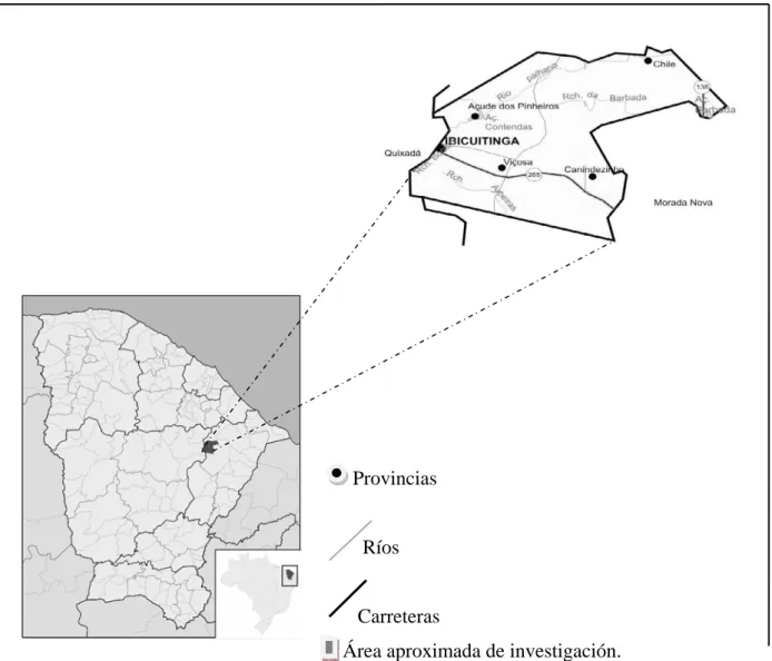 Fig. 1: Mapa de localización del área de investigación en el municipio de Ibicuitinga, Ceará, Brasil.