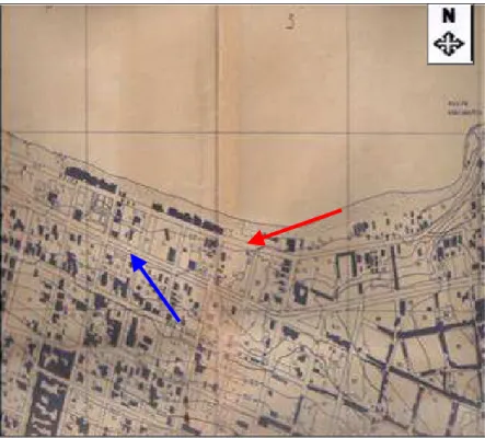 Figura 43 - A seta em vermelho indica a Avenida Beira Mar e a orla já bastante urbanizada