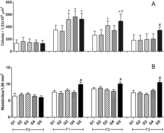 Figura  2:  Efeito  do  álcool  e  da  dieta  hipercalórica  na  quantidade  total  de  células  (A)  e  número de mastócitos (B) em feridas cutâneas de ratos Wistar