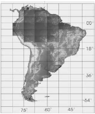 Figura 1  - Representação esquemática da América do Sul. As células hachuradas  foram as células que sofreram mudança na cobertura vegetal