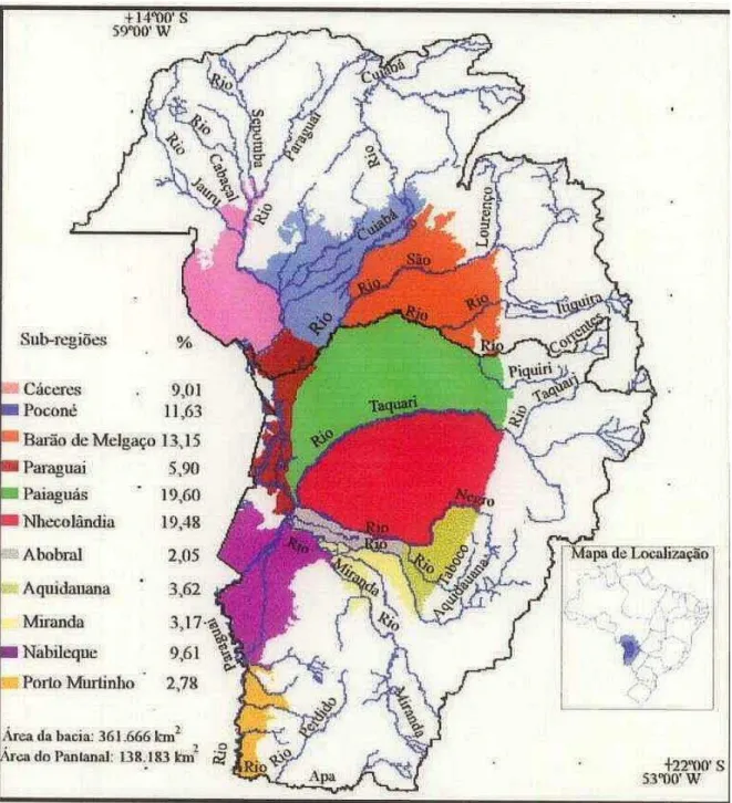 Figura 1. Localização, delimitação e sub-regiões do Pantanal brasileiro.  