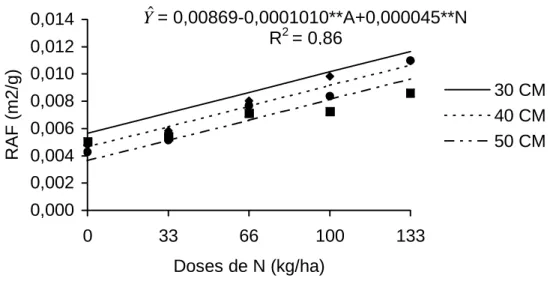 Figura 10 -  Estimativa da razão de área foliar (RAF) do capim capim-tifton 85,  em função de doses de N, para as respectivas alturas de corte