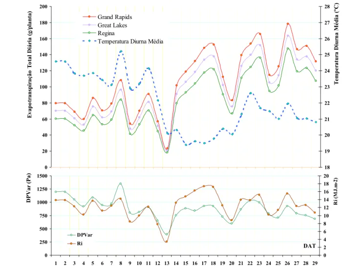 Figura 4.4. Evapotranspiração diurna total estimada para três cultivares de  alface nas condições ambientais observadas após o transplantio, em Viçosa, 