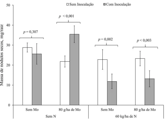 Figura 1. Massa de nódulos secos por raiz em função da inoculação das sementes com   Rhizobium  tropici  (com  ou  sem),  aplicação  foliar  de  Mo  (0  ou  80  g/ha),  adubação nitrogenada de cobertura (0 ou 60 kg/ha) na cultivar Madrepérola