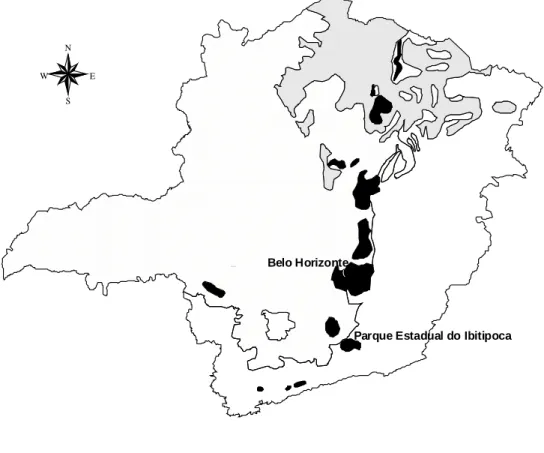 Figura 1 - Localização do Parque Estadual do Ibitipoca e de outras áreas  com ocorrência de Campo de Altitude no Estado de Minas  Gerais (adaptado de EMATER\Geominas)