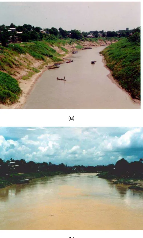 Figura 8 – Rio Iaco no mês de outubro de 1999 (a). Observam-se algumas  casas que pertencem ao núcleo urbano do município de Sena  Madureira