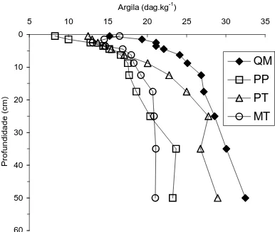 Figura 11 – Distribuição  da  fração  argila de amostras de Argissolo Amarelo  distrófico textura média/argilosa submetido a diferentes tipos de  uso: MT= mata, QM = queimada, PP = pupunha (PP); e PT =  pastagem