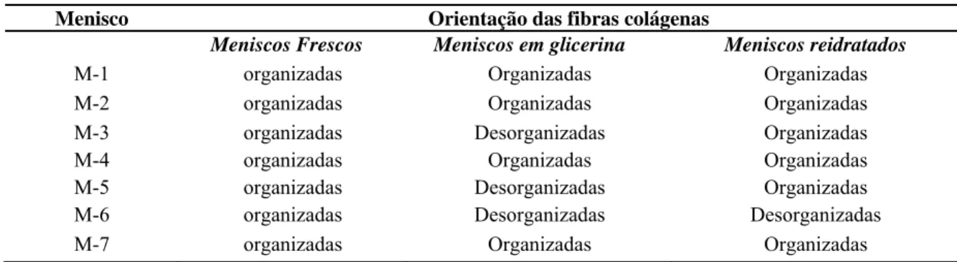 Tabela 1.  Distribuição quanto à orientação das fibras colágenas nos três grupos, meniscos frescos - MF,  meniscos em glicerina - MG e meniscos reidratados - MR