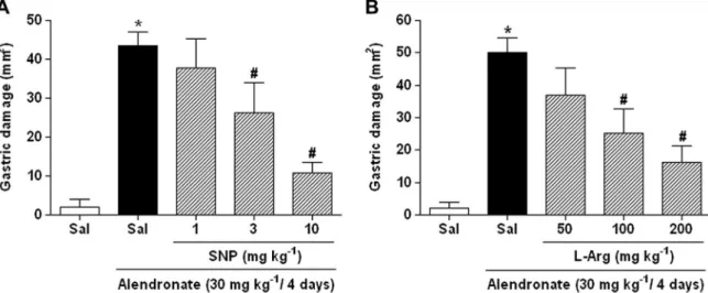 Fig. 1. Effect of (A) sodium nitroprusside (SNP) and (B) L -arginine ( L -Arg) pretreatment on alendronate-induced gastric damage