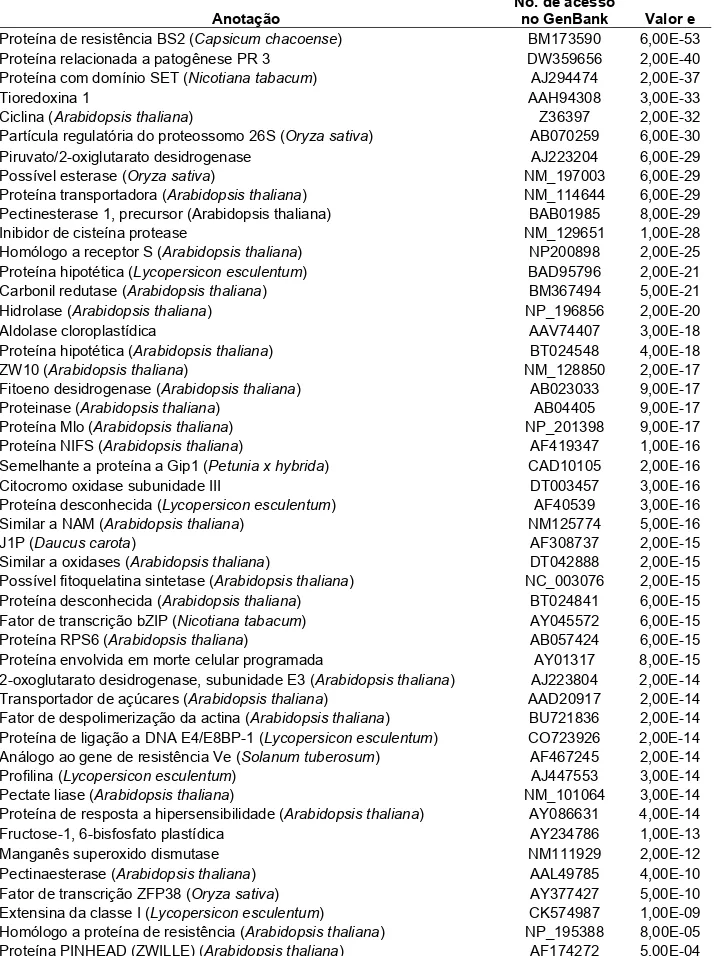 Tabela 2. Lista dos ESTs reprimidos na interação tomateiro-PepYMV, a 72 horas  após a inoculação