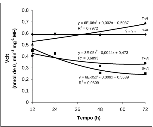 Figura 3 – Consumo de oxigênio pela da rota citocromo (Vcit) por ápices  radiculares de dois cultivares de milho submetidos a diferentes  tempos de exposição ao alumínio