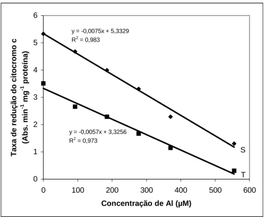 Figura 10 – Taxa de redução do citocromo c resultante da atividade da NADH  citocromo c oxidoredutase em dois cultivares de milho submetidos  a diferentes concentrações de alumínio no meio de reação