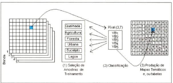 Figura 7 – Etapas básicas na classificação supervisionada. Fonte: LILLESAND &amp; KIEFER, 1994.