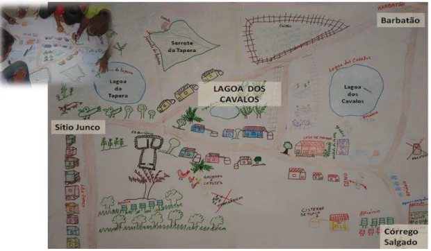 Figura  4:  Mapa  social  produzido  em  oficina  com  quatro  membros  de  Lagoa  dos  Cavalos  em  agosto  de  2009
