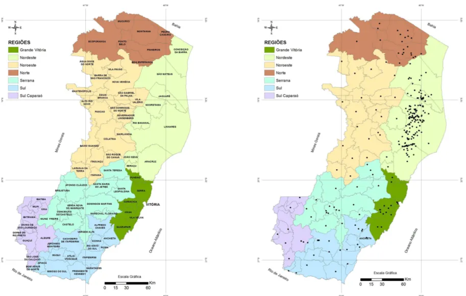 Figura 1. Mapa político do Espírito Santo com as regiões e locais de coletas (armadilhas instaladas) de moscas-das-frutas no período de  1993 a 2010