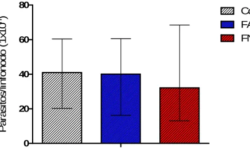 Gráfico  5.  Carga  parasitária  em  linfonodo  de  drenagem  de  hamsters  6  semanas  após  inoculação  de  10 6 promastigotas  de  Leishmania  amazonensis  purificadas  por  Dioclea  violacea