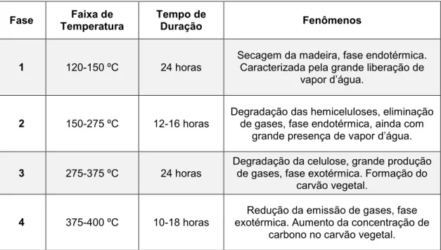 Tabela  3  – Faixas estipuladas de temperatura média na cúpula do forno para 