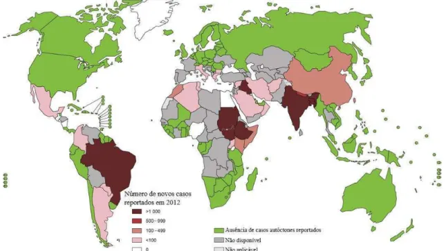 FIGURA 2: Mapa da distribuição mundial da LV e números de novos casos reportados pela Organização 