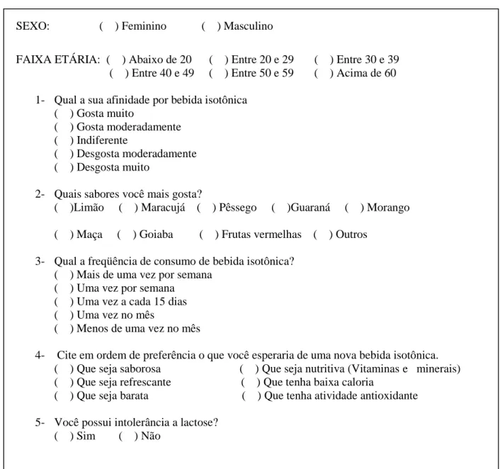 Figura 6 - Questionário aplicado aos potenciais consumidores de bebidas isotônicas. 