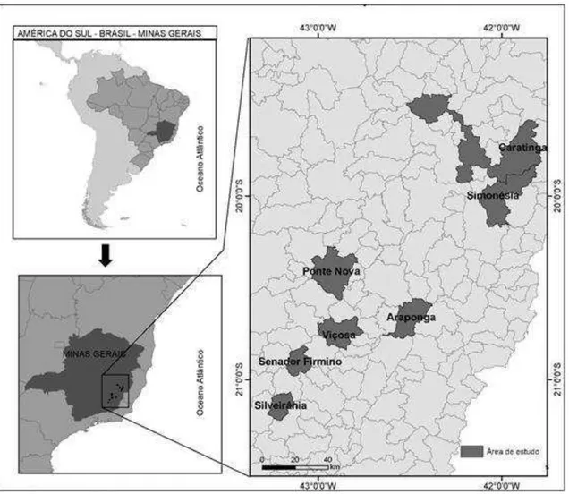 Figura  1  –  Mapa  de  localização  dos  municípios  nos  quais  agricultores  agroecológicos  foram  entrevistados  quanto  ao  uso  de  adubação  verde.