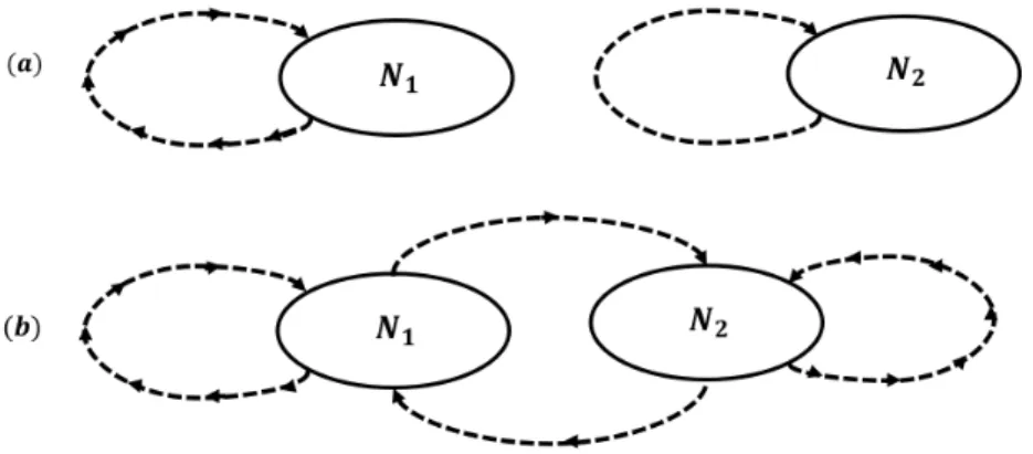 Figura 2.1: Considere N 1 e N 2 duas esp´ecies distintas. a) Competic¸˜ao entre membros de uma