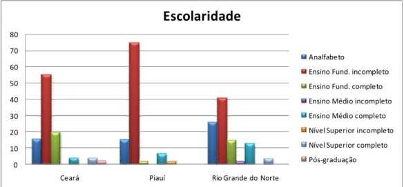 Figura 2. Distribuição relativa dos cajucultores nos estados do Ceará, Piauí e Rio Grande  do Norte, segundo o nível de escolaridade  