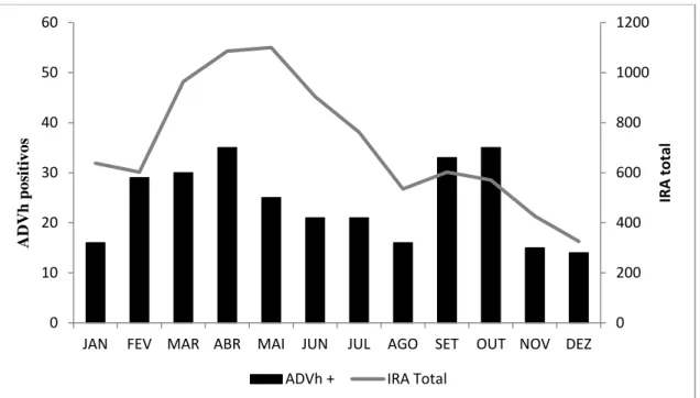 Figura 6  –  Distribuição acumulada por mês dos ADVh positivas e das IRA totais entre  2001 e 2013