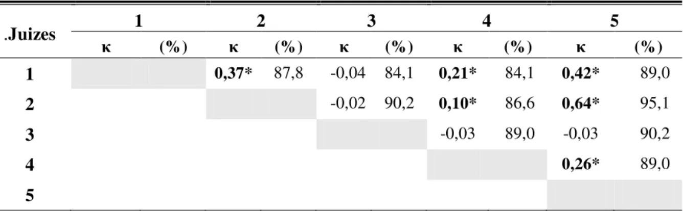 Tabela  3  – Estatística  Kappa  (κ)  e  percentual  de  concordâ ncia  obtida  entre  os  juízes  na  avaliação da equivalência semântica  –  vocabulário