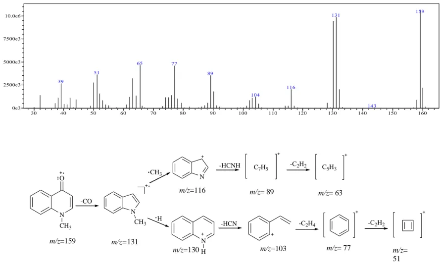 Figura 11  – Espectro de massas e algumas fragmentações da N-metil-quinolin-4(1H)-ona [28].