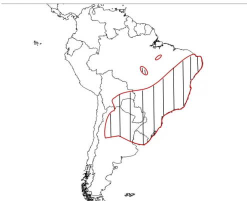 FIGURA  3.  Área  de  ocorrência  do  gênero  Dyckia  hachurada  (Brasil,  Argentina,  Bolívia, Paraguai e Uruguai) (Fonte: Krapp et al