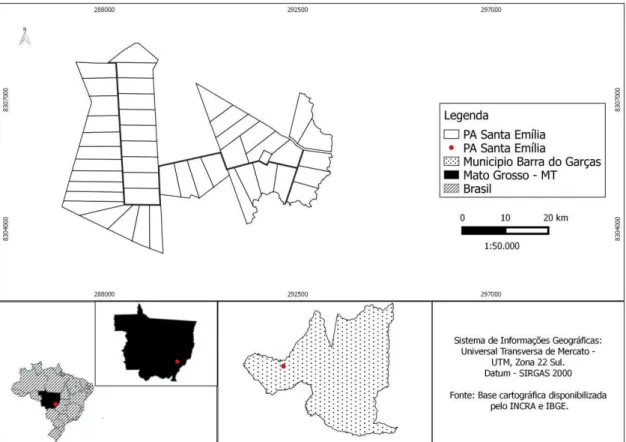 Figura 3: Localização e estrutura de parcelamento do PA Santa Emília, Barra do Garças, MT