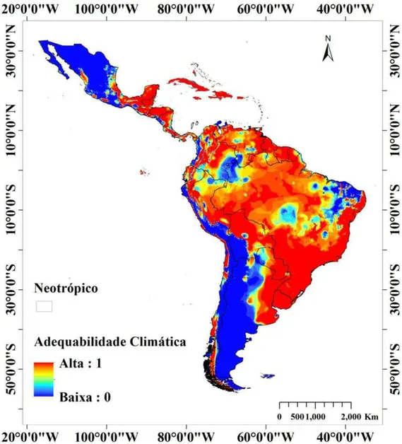 Figura  9:  Áreas  de  adequabilidade  climática  sob  cenário  climático  otimista  (rcp  4.5)  para  Merostachys Spreng