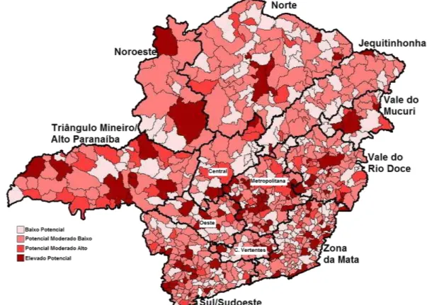 Figura 1 – Distribuição espacial dos Municípios mineiros em relação ao potencial de arrecadação 