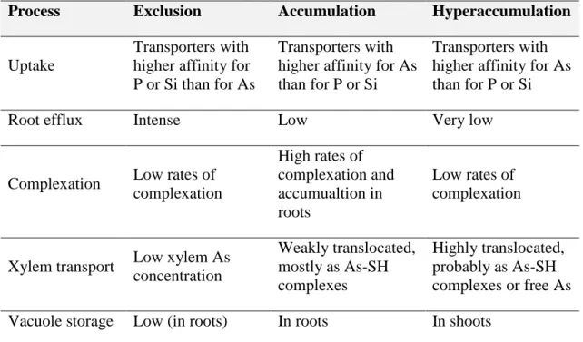 Table  2.  Physiological  mechanisms  involved  in  As  exclusion,  accumulation  and  hyperaccumulation by plants