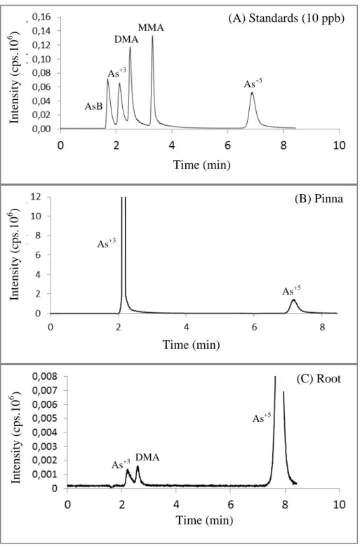 Figure 2. Typical chromatograms obtained for arsenic species in stardard samples (A) in  pinna  (B),  and  root  (C)  samples  of  Pityrogramma  calomelanos  after  21  days  of  exposure  to  1  mM  As