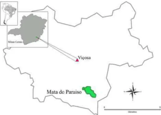 Figura 1. Localização geográfica Mata do Paraíso, Viçosa, Minas Gerais, sudeste  do Brasil