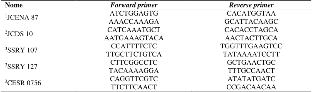 Tabela 5. Primers SSR utilizados na avaliação da variabilidade genética entre famílias  de Jatropha curcas L
