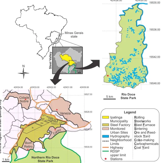 Fig. 1. Study  area and sampled sites  in  Ipatinga  city, Southeastern Brazil, located in  a  metropolitan  region  called  Steel  Valley