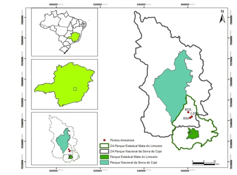 Figura 1 - Mapa da APA Morro da Pedreira mostrando o Parque Nacional da Serra do  Cipó  em  azul  e  Parque  Estadual  Mata  do  Limoeiro  em  verde,  com  as  zonas  de  amortecimento  do  PARNA  Serra  Do  Cipó  em  roxo  e  ao  Parque  Estadual  Mata  d