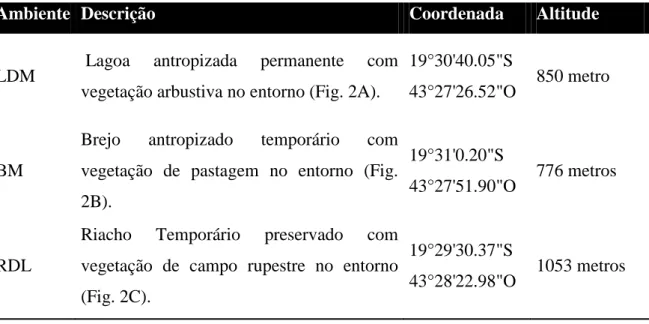 Tabela  1  – Descrição, coordenadas e altitude dos ambientes monitorados na Serra dos  Alves,  Itabira, Minas  Gerais:  LDM (Lagoa Dona Maria), BM  (Brejo  Marques) e RDL  (Riacho Dona Luci)