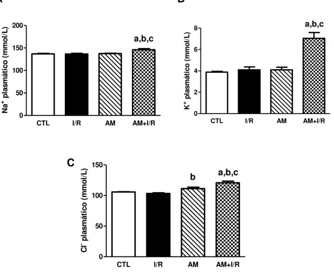 Figura 8  –  Efeitos da acidose metabólica no nível plasmático de eletrólitos de ratos  submetidos à isquemia/reperfusão renal 