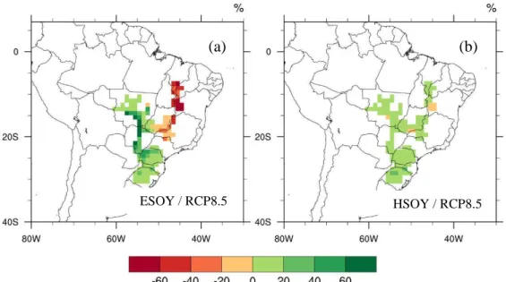 Figure  A.4  – Percentage change in soybean  yield from 2011-2020 to 2041-2050 after  climate change, as simulated by NorESM1-M, with atmospheric composition  and land use trajectories according CMIP5’s RCP8.5 scenario